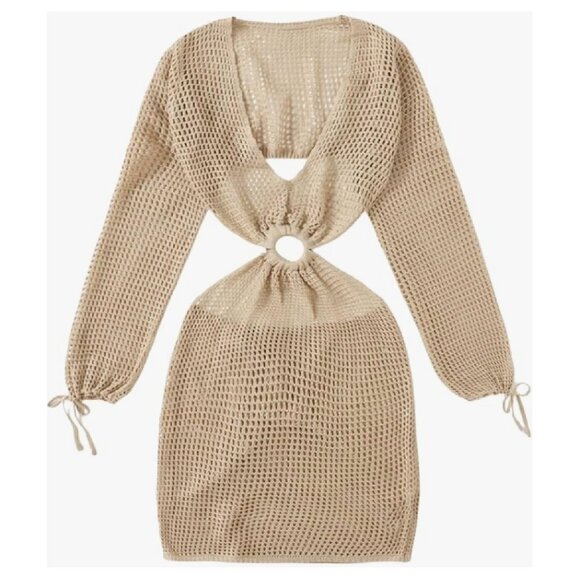 Tan Crochet Long Sleeve Knit Swim Beach Crochet Dress Cover Up - Picture 1 of 10
